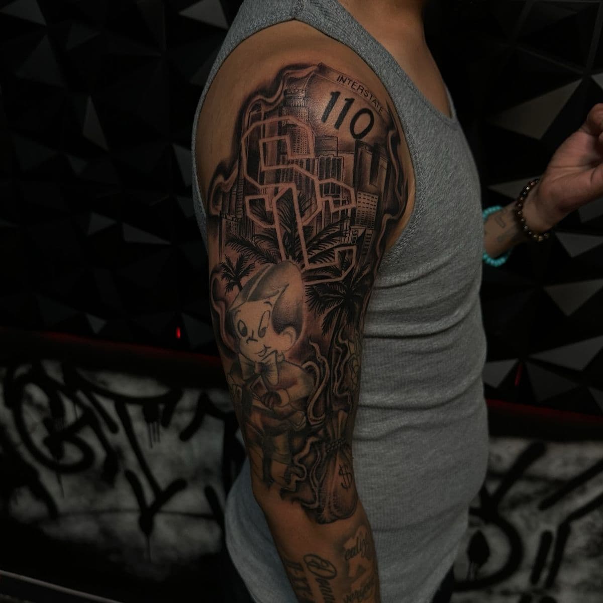 LA cityscape half sleeve with Interstate 110 and Casper