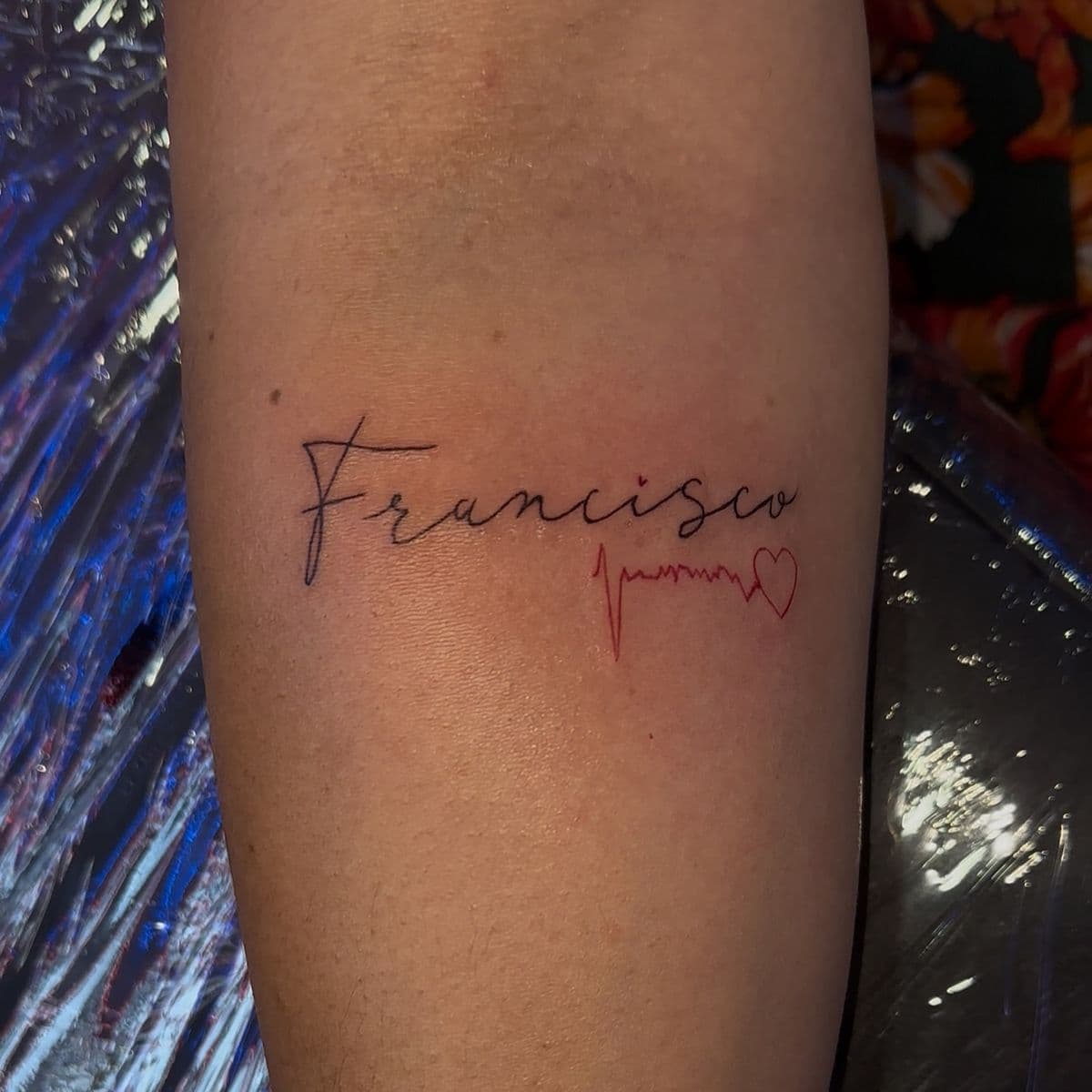 Francisco name script with red heartbeat fine line