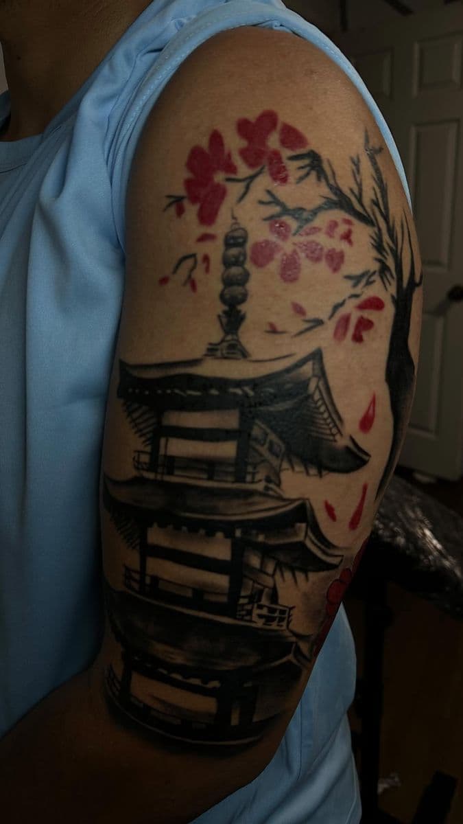 Japanese pagoda and cherry blossoms half sleeve