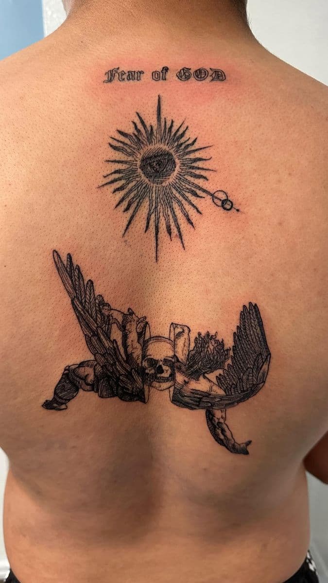 Fear of God back piece with all-seeing eye and fallen angel