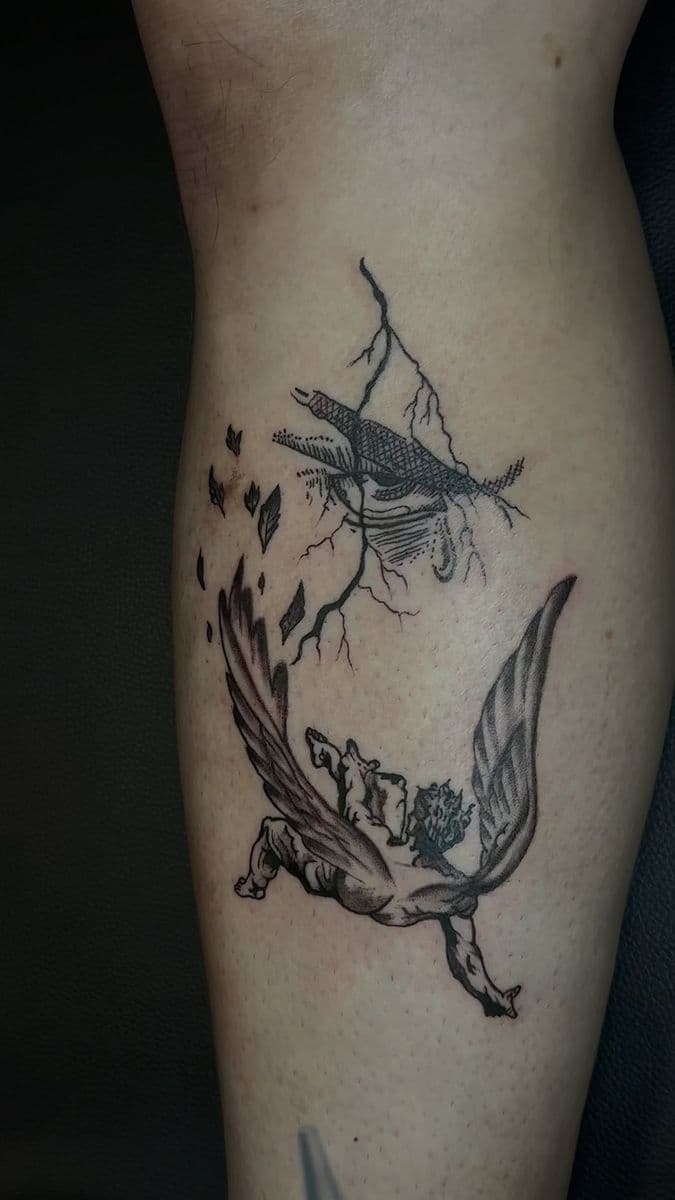 Fallen angel Icarus blackwork leg piece with lightning