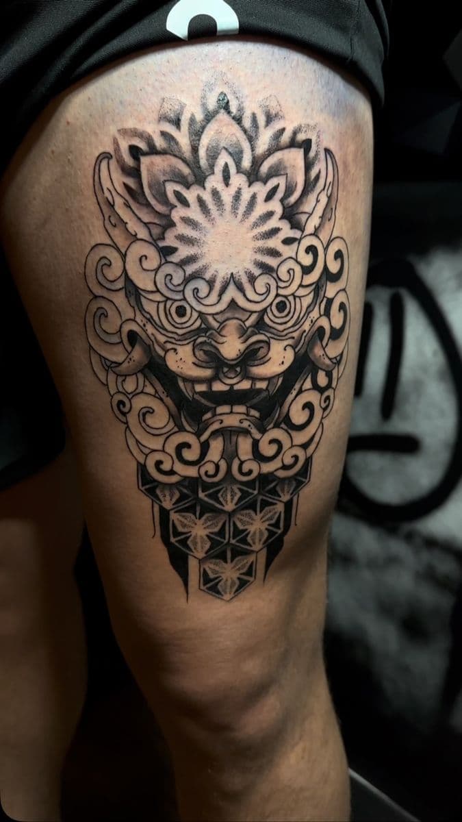 Foo dog Barong mask thigh piece with ornamental geometry