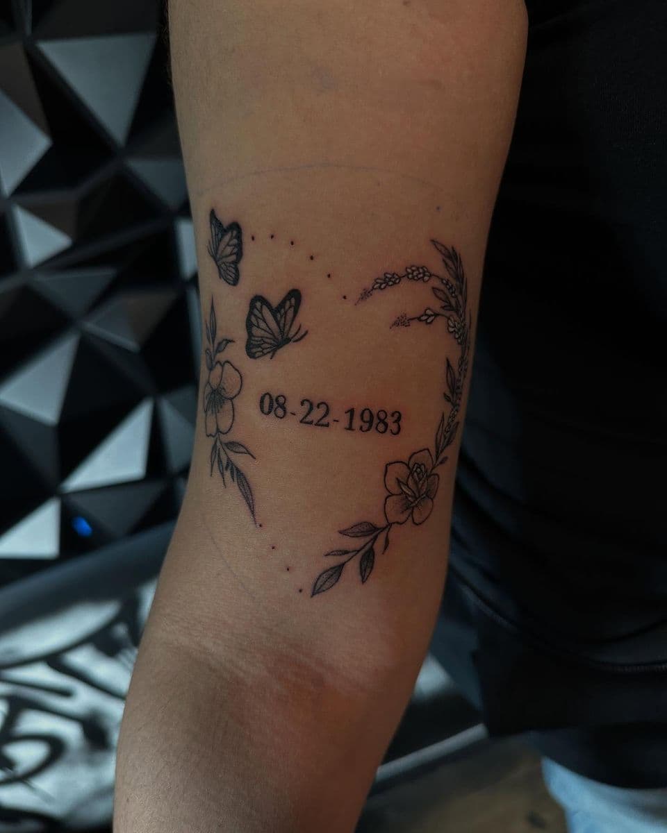 Fine line memorial date with butterflies and floral wreath