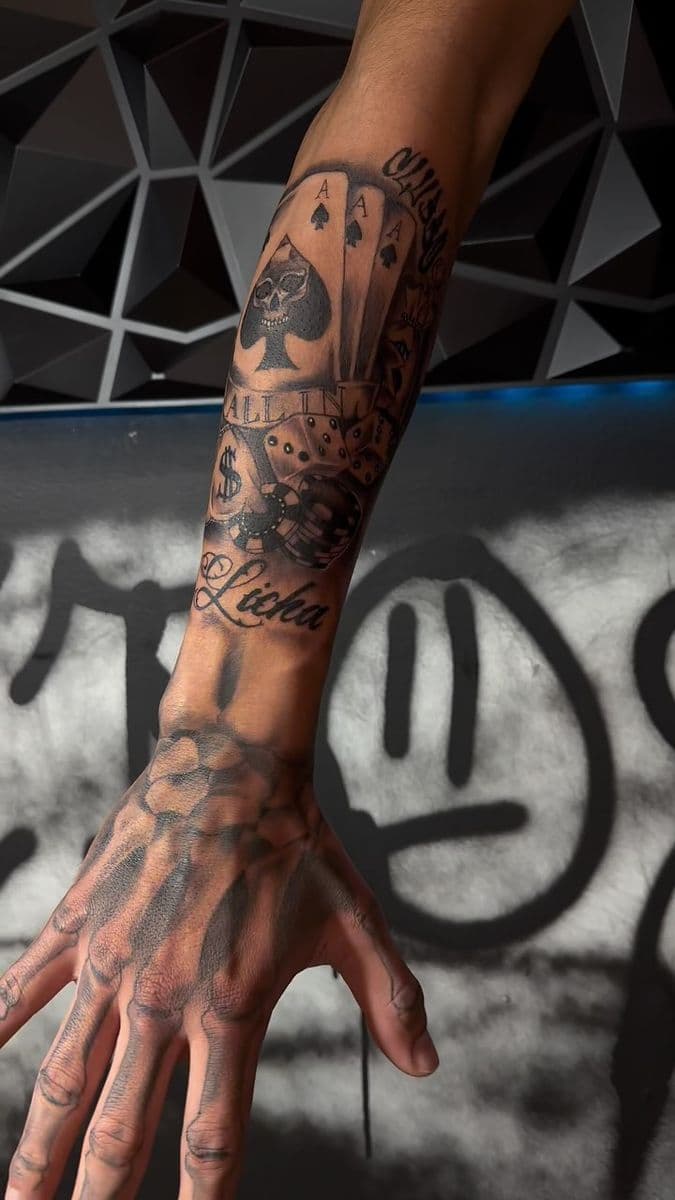 Playing cards skull and skeleton hand forearm sleeve