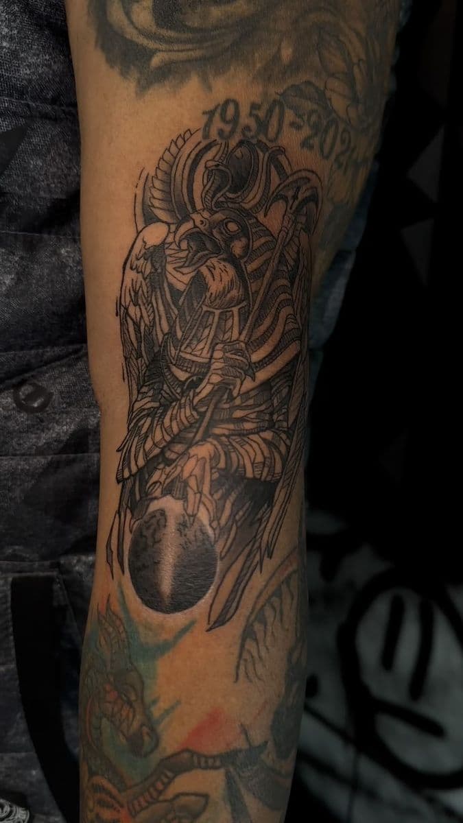 Horus Egyptian warrior god blackwork forearm