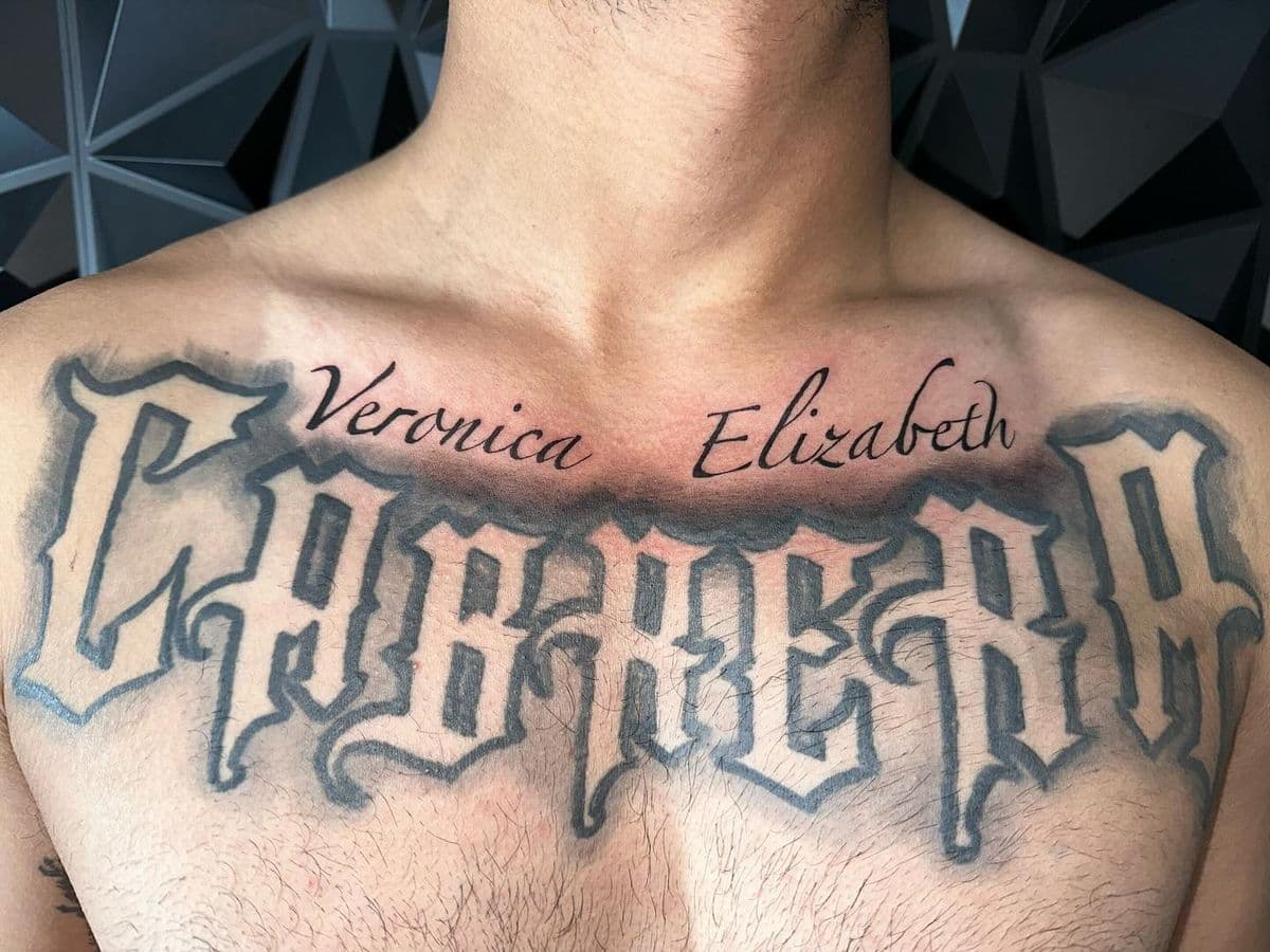 Cabrera family name old english lettering chest piece
